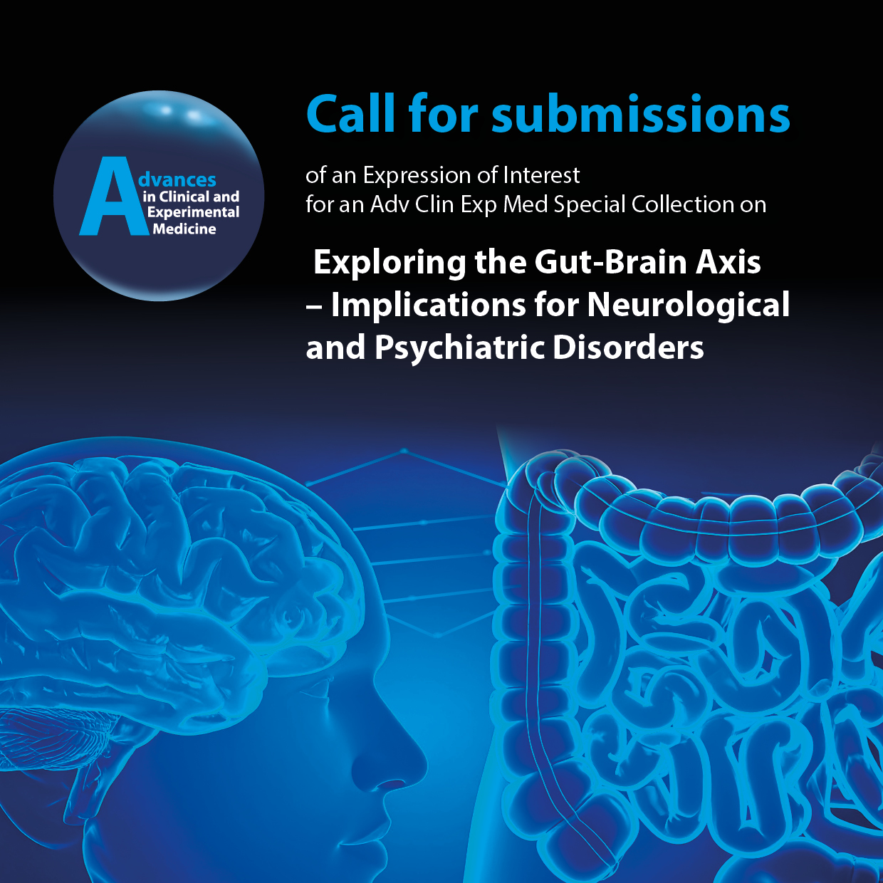 Call for submissions for Advances in Clinical and Experimental Medicine special collection on Exploring the Gut-Brain Axis, featuring a blue-toned illustration of a human brain and intestines, highlighting the link between gut health and neurological and psychiatric disorders.